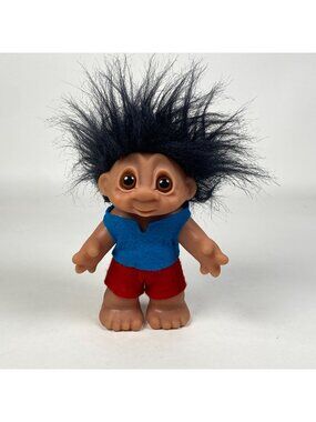 Vintage 1988 Dam Troll Doll Denmark Black Hair Felt Outfit Glass Eyes